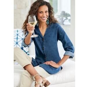 Soft Surroundings Wendy Shirt Tencel Button Front V-Neck - Size M